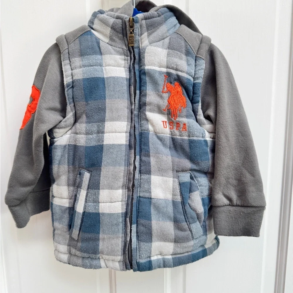 U.S. Polo Assn. Boys 2T Gray Blue and Orange Plaid Jacket Hoodie Zip Up